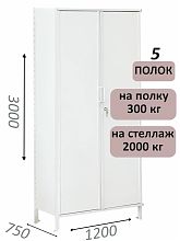 Стеллаж-шкаф СТ-300 с сплошными дверьми и сплошной стенкой 3000х1280х750, 5 полок