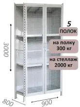 Стеллаж-шкаф СТ-300 с сетчатыми дверьми и сетчатой стенкой 3000х980х800, 5 полок