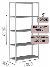 Стеллаж MS Standart 185х100х30, 5 полок, серый
