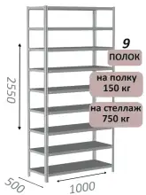 Стеллаж MS Strong 255х100х50, 9 полок